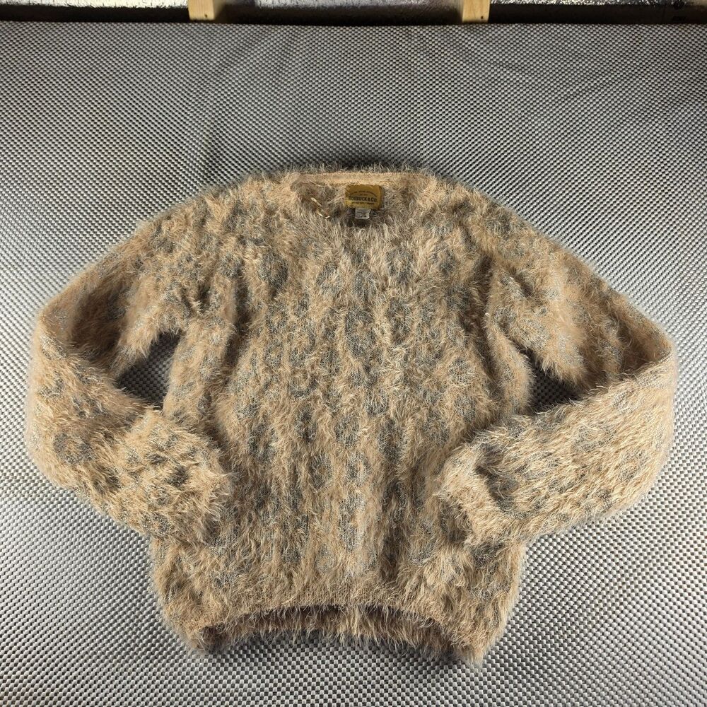 Roebuck & Co Sears Fuzzy Leopard Sweater Womens Metallic Animal Print Pullover